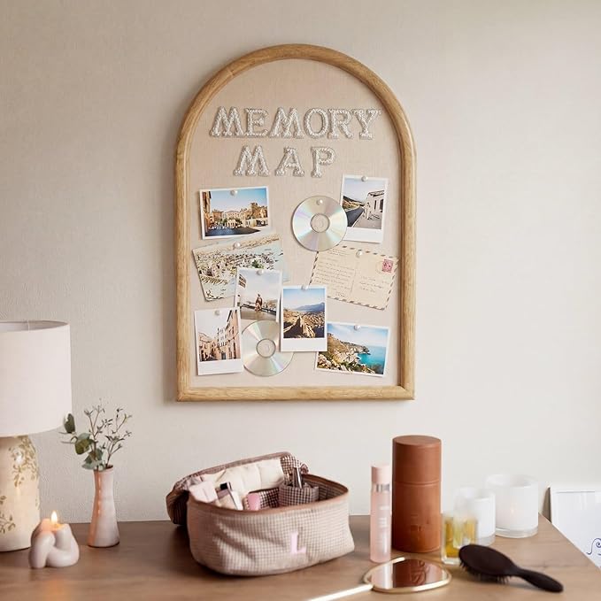 Arch Bulletin Board with Pin Linen Wedding Display Framed Decorative 24x16 Hanging Wood Vision Cork Board for Office Wall School Home Decor, 70 Pearl Studs, 26 Letter Stickers(Natural)
