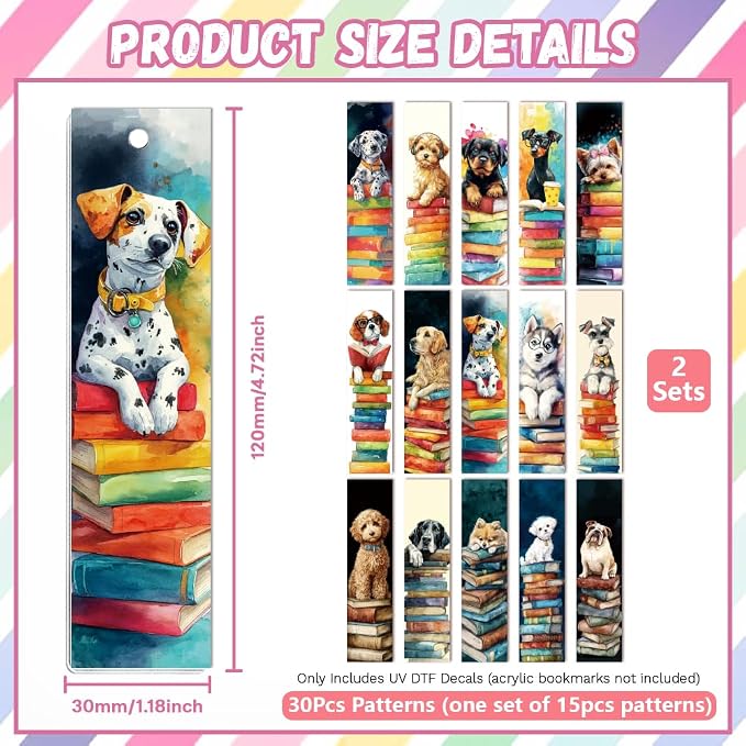 Peacoblue 30pcs UV DTF Bookmarks Transfer Stickers Wraps Dog and Stack of Books for Women Men Reading, Waterproof Bookmarkers Decal(No Blank Bookmarks) for Acrylic Plastic Metal Blank Bookmark