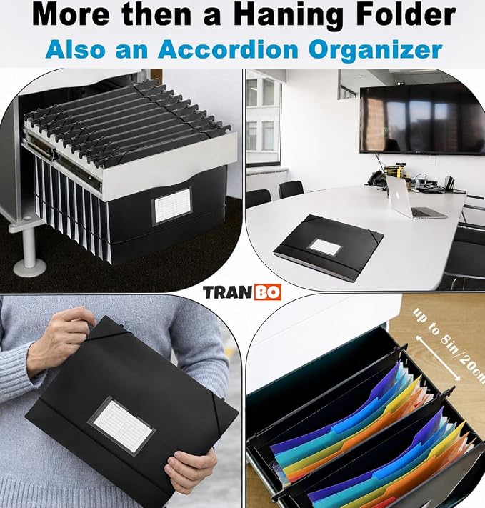 7-Pockets Hanging File Folder with Retractable Hooks for Filing Cabinet, Letter Size Expandable Accordion File Organizer with Elastic Band for File Frame or On-The-Go Use (3 Pack)