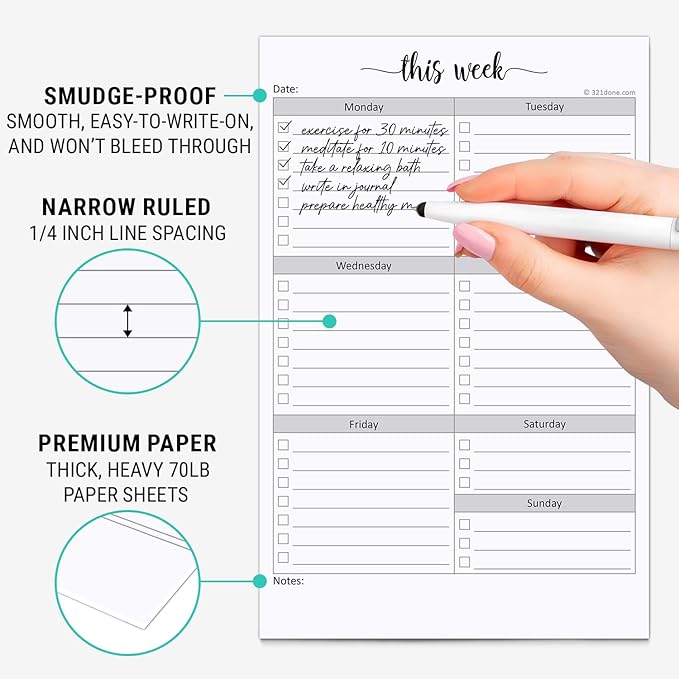 321Done Weekly Checklist Notepad - 50 Sheets (5.5" x 8.5") - This Week to Do Notepad Tear Off Planning Pad, Planner Checklist Organizing - Made in USA - Simple Script