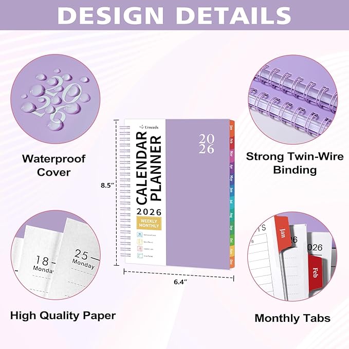 2026 Planner - 2026 Planner Weekly and Monthly from Jan. 2026 - Dec. 2026, Calendar Planners 2026 with Inner Pocket, Colorful Tabs, Planners for Women, 8.5" x 6.4" - Purple