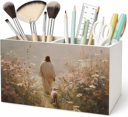 Christian Jesus Pen Pencil Holder for Desk, Christian Gifts for Women, Jesus Leaves the 99 Sheep Religious Pencil Holders Wooden Box Organizer for Home Bedroom Office Desk Tabletop