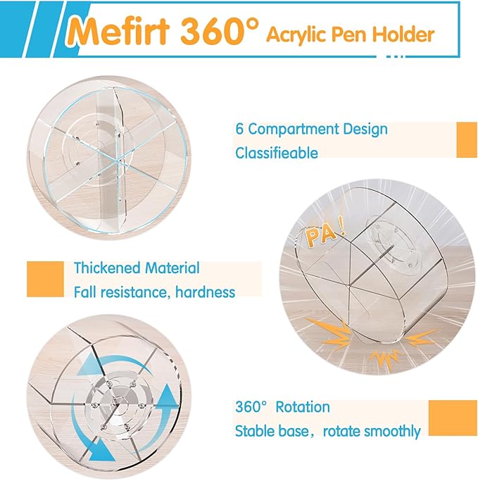 Mefirt Acrylic Pen Holder, 2 Pack 360 Rotating Organizer With 6 Compartments, Desk Office Storage for 800 Pens, Markers, Crayons and Art Supplies