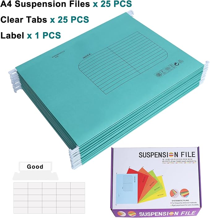 Hanging File Folder, A4 Suspension Files Holder, Hang Folder, Filing Cabinet Suspension File with Tab and Label for School Home Office, Blue, 25 Pack