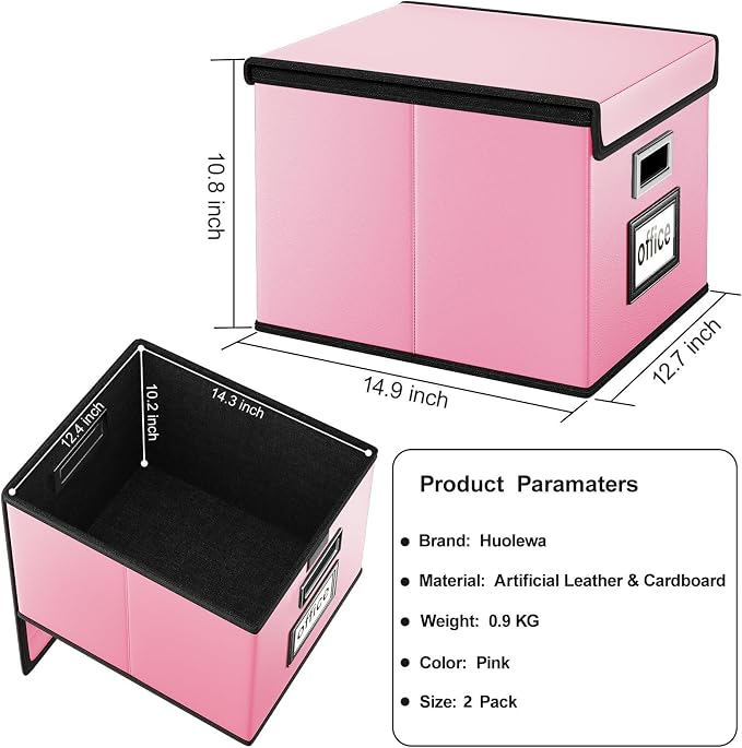 Portable Leather File Organizer Storage Boxes, Collapsible File Folder Organizer Boxes with Lids, Document Organizer, Decorative Filing Box Cabinet for Letter/Legal File Folder Storage