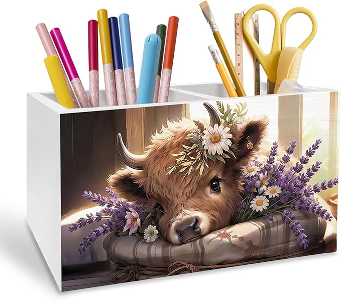 Lavender Floral Highland Cow Pen Holder for Desk, Highland Cow Gifts for Women Pencil Organizer, Rustic Purple Flower Heifer Wooden Box Sign Desk Decor for Home Office Decoration