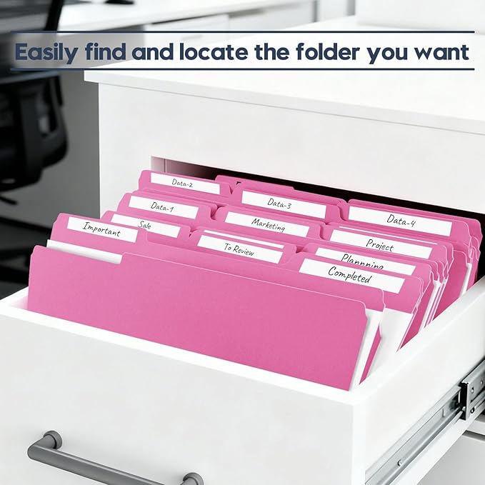 File Folders,150 Pack Letter Size Colored File Folders,8.5" x 11",1/3 Cut Tab Folder,Bulk Durable Paper Folders with Blank Labels for Office Business School Home Use,Bright Pink