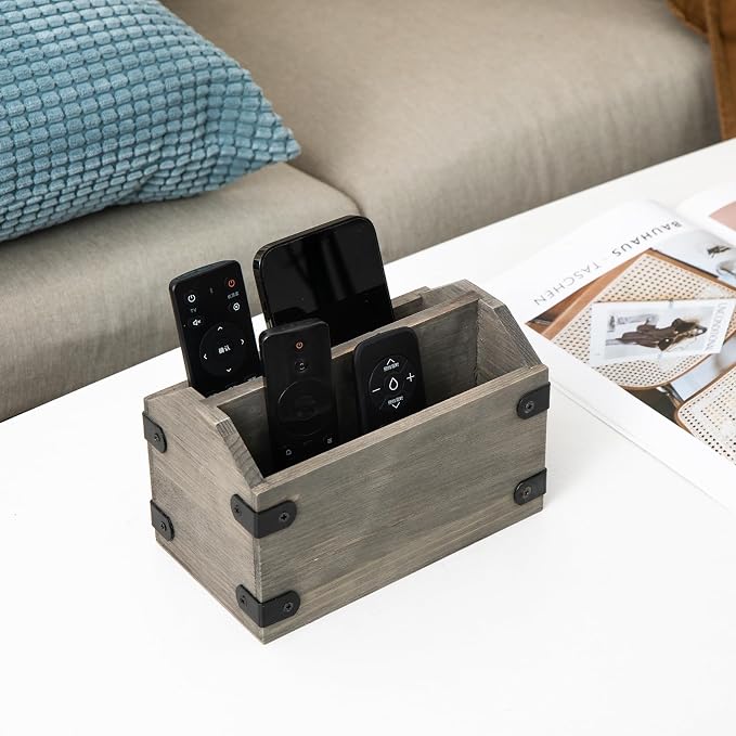Stone Gray Wood Remote Control Organizer Wooden Tabletop Storage Caddy Two Compartment Holder TV Game Consoles Sorter Cell Phone Kitchen Utensils Office Supplies Living Room Home Bedroom