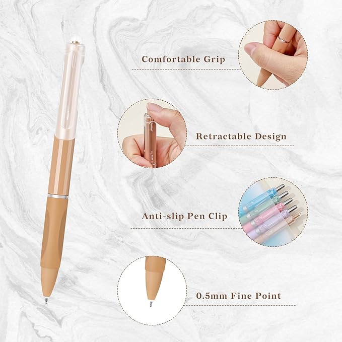 Temiary 5 Pcs Retractable Gel Pens, 0.5 mm Black Ink Fine Point Quick Dry Gel Ink Pen, Aesthetic Smooth Writing for School Office Journaling Note Taking and Sketching (Coffee)