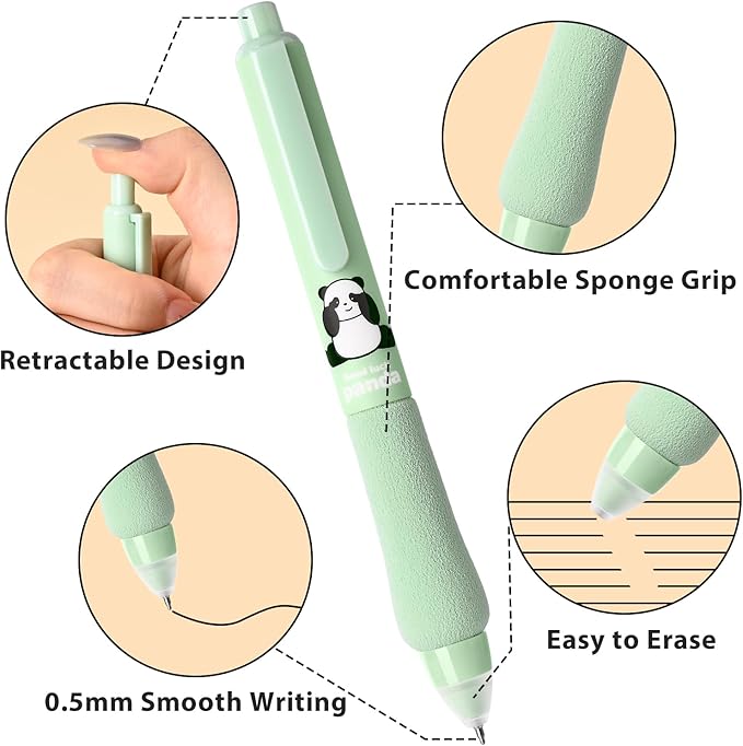 8Pcs Erasable Gel Ink Pens, Cute Retractable Pen with Erasers, 4 Black & 4 Blue Pen Set, 0.5mm Fine Tip Smooth Writing Pens, Comfort Grip for Note Taking and Crossword Puzzles (Green)