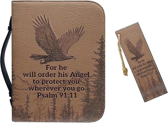 BrownPU Bible Covers for Men Large Size Bible Case Bible Bag with Leather Bookmark Set, Eagle and Scripture,Medium