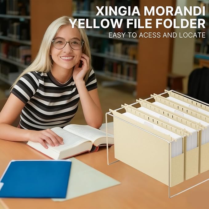 XINGIA Wheat Straw Legal Size Hanging File Folders, Extra Capacity 2'' Expandable Plastc File Folders with Tabs,12 Pack Heavy Duty Filing Cabinet Folders for Oversized Bulky Files(Morandi Yellow)