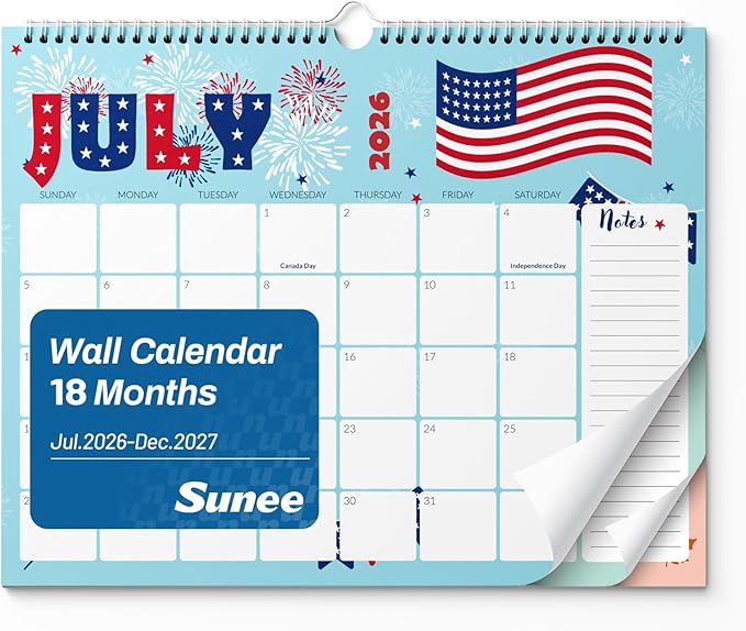 SUNEE 2026-2027 Calendar - 18 Months Wall Calendar Jul. 2026 - Dec. 2027, 14.5"x11.5" Big Grid Hanging Calendar with Note for Organizing & Planning, Cute