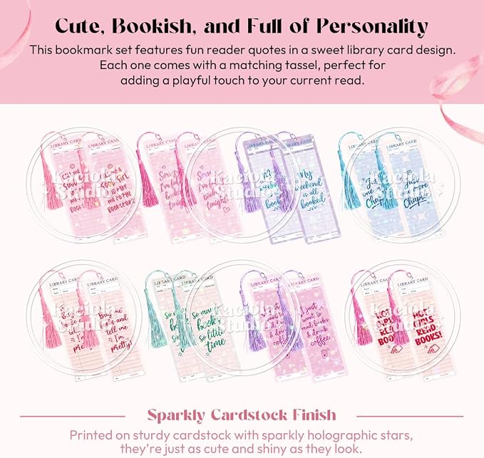 KACIOLA STUDIO 16PCS Library Card Glitter Bookmarks, Funny Bookmarks for Women, Double Sided Bookmark Bulk Booklover Gifts, Book Accessories for Reading Bookclub Party Favors