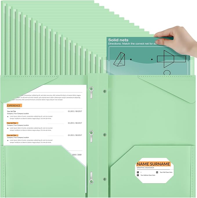 Henoyso 72 Pcs Plastic Folder with Clear Front Pocket and 3 Prong Plastic Folders with Card Slot Pocket Folders with Prongs for School Office (Light Green)