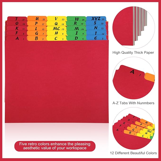 2 Set 50 Pcs Alphabet File Dividers A-z Top Tab Guides Set, Letter Size Filing Organizers 1/5 Cut Alphabetical File Folder Tabs for Home, Office, School(Rainbow Colors)