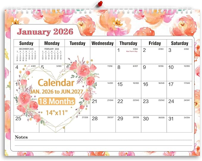Ymumuda Wall Calendar 2026-2027,11"×14", 18 Months from JAN. 2026 to JUN. 2027, Hanging Calendar Spiral Binding, Unique Monthly Calendar for Easy Planning，Perfect for School Office Work Schedule