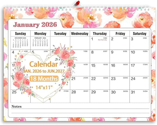Ymumuda Wall Calendar 2026-2027,11"×14", 18 Months from JAN. 2026 to JUN. 2027, Hanging Calendar Spiral Binding, Unique Monthly Calendar for Easy Planning，Perfect for School Office Work Schedule