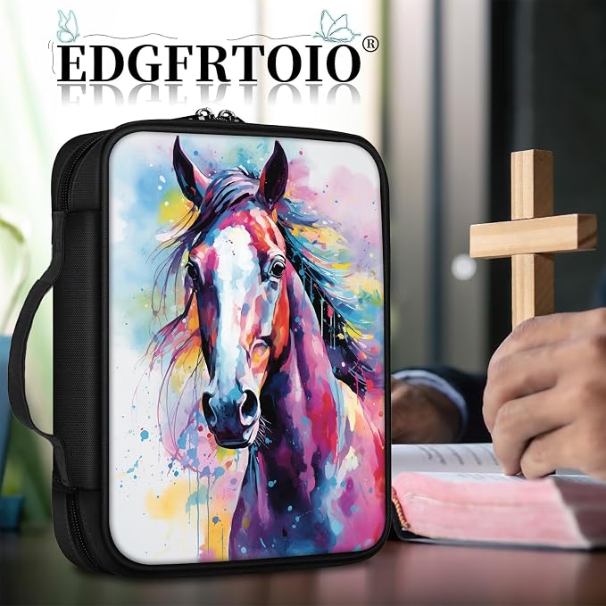 Bible Cover, Watercolor Horse Bible Case with Handle and Zippered Pocket Standard Size Holy Bible Bag Women Gifts, Church Bag Portable Bible Carrying Book Case for Bible Study