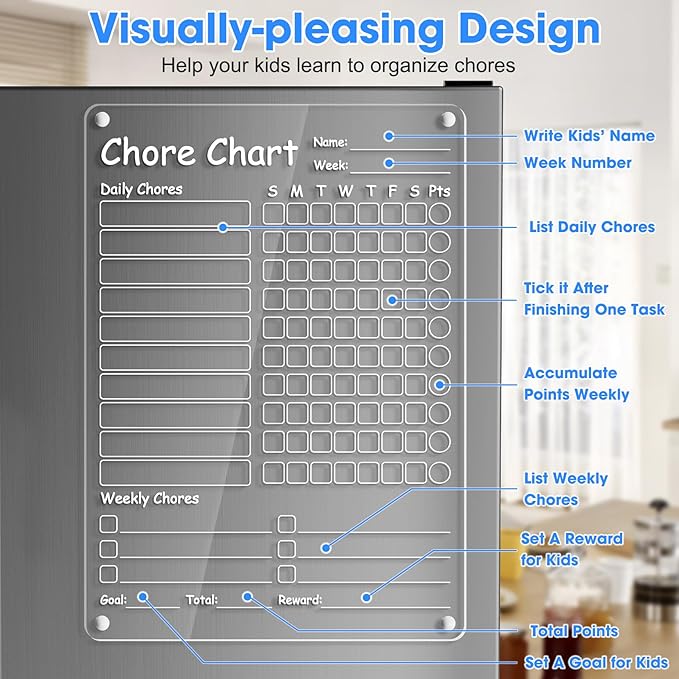 Acrylic Chore Chart Clear Dry Erase Checklist Chore Boars for Family Chores Checklist Reward Chart Responsibility Chart, 12x9'', 2 Boards
