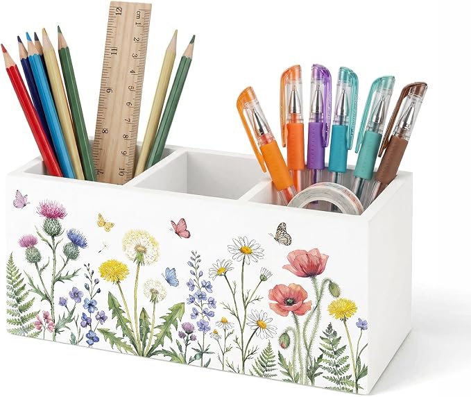 Wildflower Pen Pencil Holder for Office Desk Spring Wildflower Office Decor Wooden Floral Organizer Desktop Decor Gift for Girls Spring Makeup Brush Toothbrush Holder for Bathroom Desk Accessories
