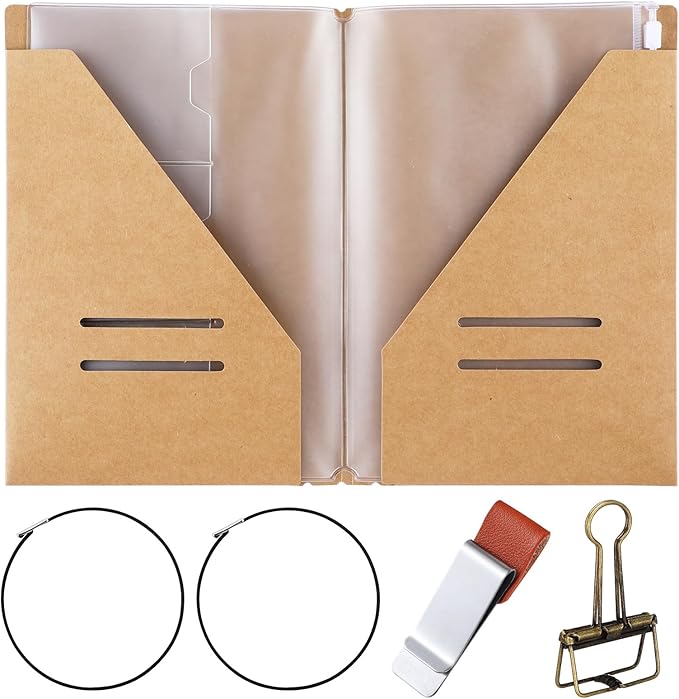 Travelers Journal Notebook Accessories Kit Include Travel Kraft File Folder, Zipper Case, Pen Holder, Binder Clip and Elastic Bands Travel Accessories Supplies(1 Pack,A5 Size)