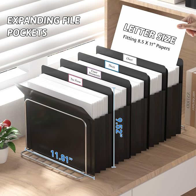 Plastic Expanding File Pockets Extra Capacity,5 Pack File Pockets Letter Size, Heavy Duty 3.5 Inch Expansion,Straight-Cut Tab,Accordion File Jacket for Bulky Files,Black