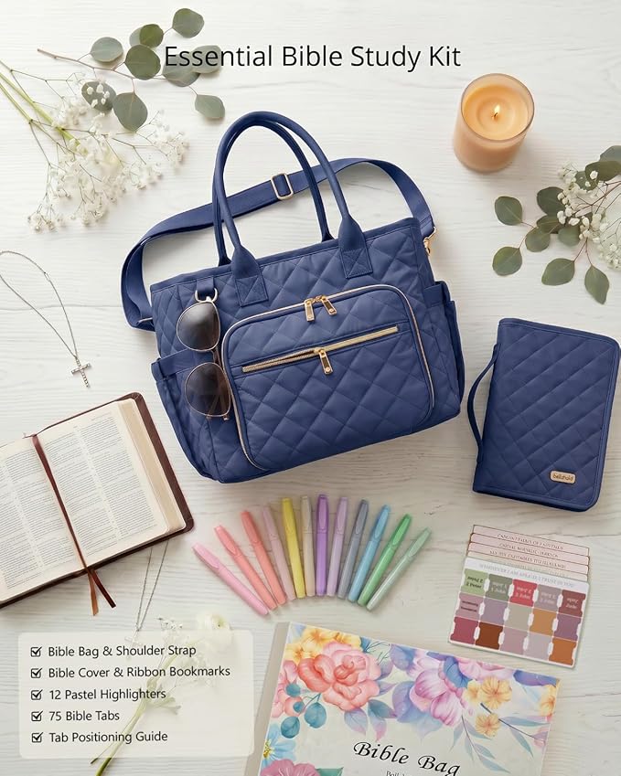 BellaHold Large Bible Bag with Bible Cover Case for Women, Church Bag with Bible Study Supplies & Shoulder Strap, Quilted Bible Tote Bag, Christian Gift for Women, Navy