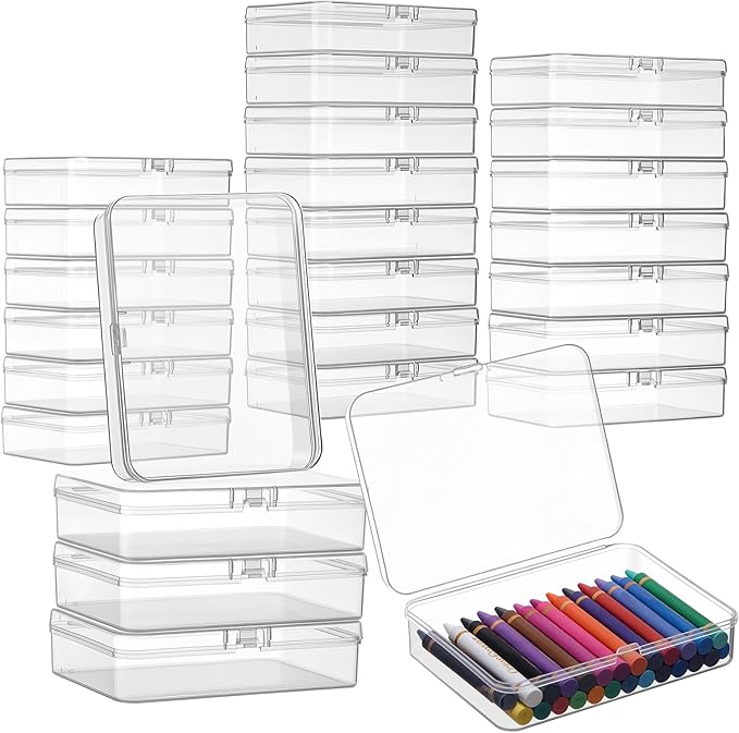 Dunzoom 25 Pcs Plastic Crayon Boxes with Lids, 4.53 x 3.35 x 1.1 Inches Stackable Small Storage Organizer Containers Crayon Pencil Case for Art Crafts Jewelry Beads Office Supplies(Clear)