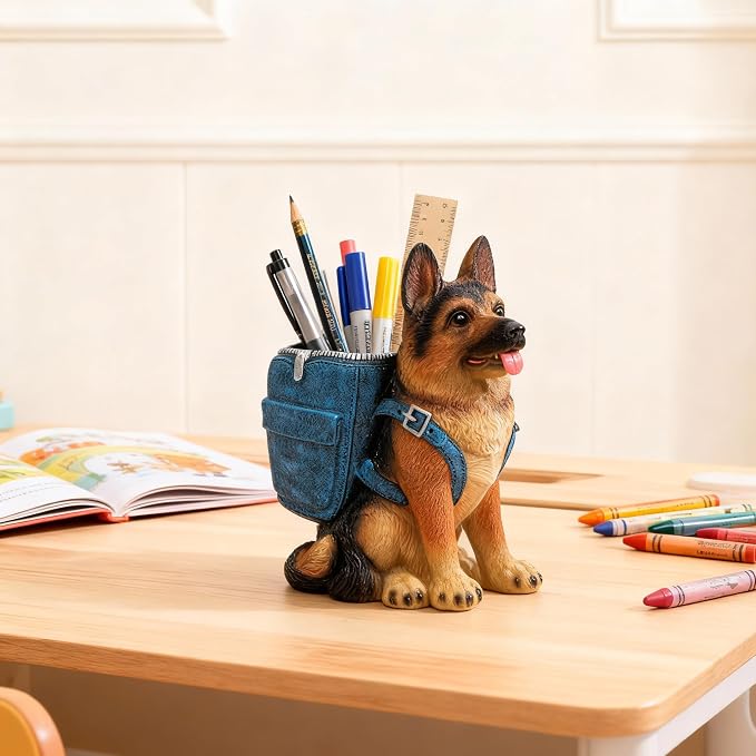 German Shepherd Pen Holder, Office Desk Organizer, Pencil Holder with Backpack, Decorative Resin Dog Statue, Pen Storage for Office, School, Home, Ideal Gift for Dog Lovers (A)