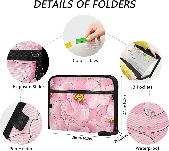 ALAZA Pink Flowers Floral Expanding Filing Folder, 13 Pockets Expandable Document Organizer Folder with Zipper Closure for Home Office A4 Letter Size Paper Document