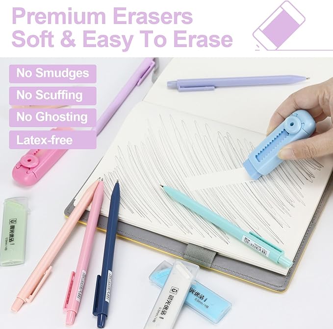Mechanical Pencil Set - 6PCS 0.5mm Cute Pastel Mechanical Pencils, 2Push-Pull Retractable Eraser with 80PCS HB 0.5 Lead Refill and Clear Zipper bag Pencil Kit for Art, Drawing Pencils for Sketching