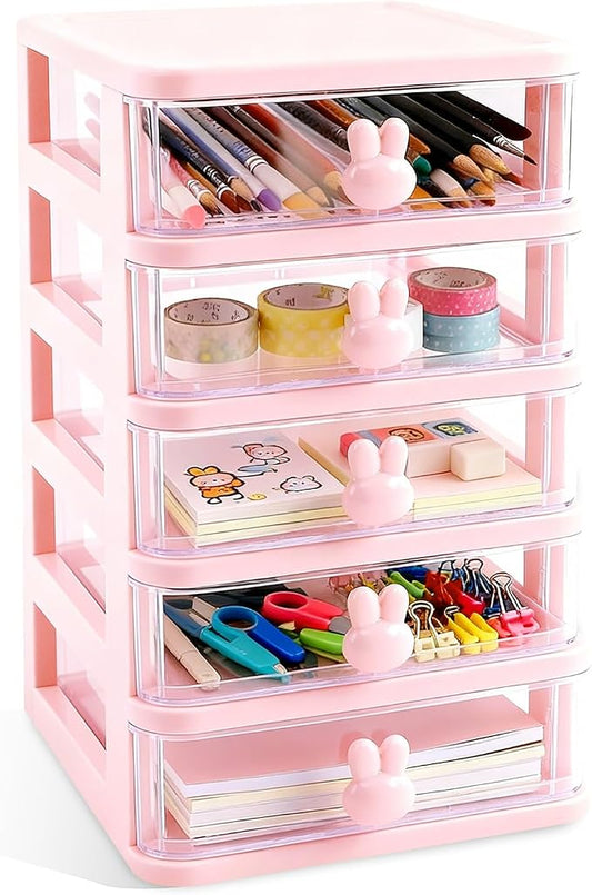 CEYAZYE Small Desk Organizer with Drawer, Stackable Makeup Organizer White, Mini Plastic Storage Box for Desktop, Bathroom Counter or Dresser, School, Home, Office (Pink-5 Tier)