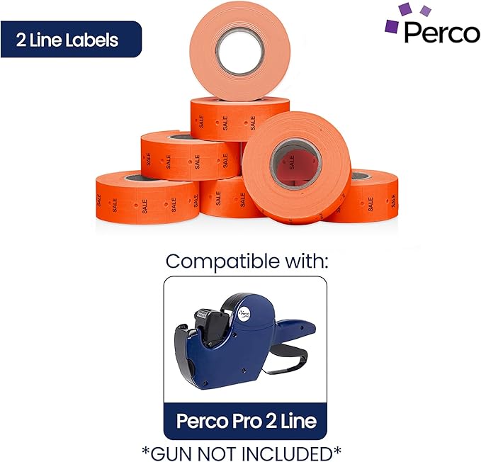 Perco 2 Line Fluorescent Red "SALE" Labels - 80 Rolls, 10 Sleeves, 80,000 Blank Price and Date Gun Labels for Perco 2 Line Price and Date Guns - Made in USA