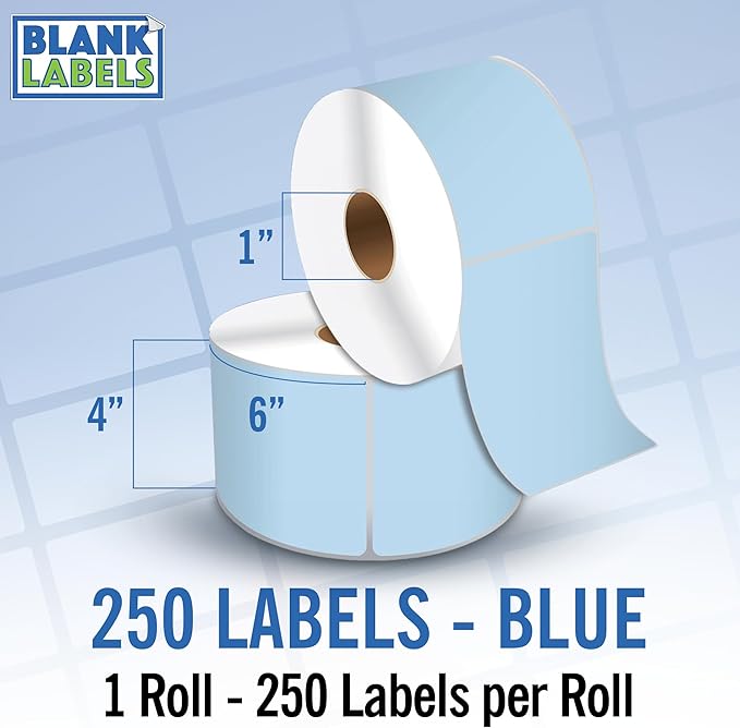 4" X 6" Direct Thermal Shipping Labels | Blue | 1" Cores w/Perfs Easy Tear | Made in USA - Printer w/Ribbon Needed | Printing Label | 250 Labels | 250 Labels per Roll | 1 Rolls | Blank Labels