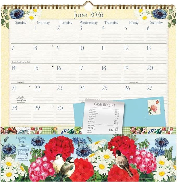 WSBL Botanical Gardens 2026 Note Nook Wall Calendar – 12-Month Organizer Calendar with Dual Storage Pockets, Floral Artwork by Barbara Anderson, 12″ × 12.125″