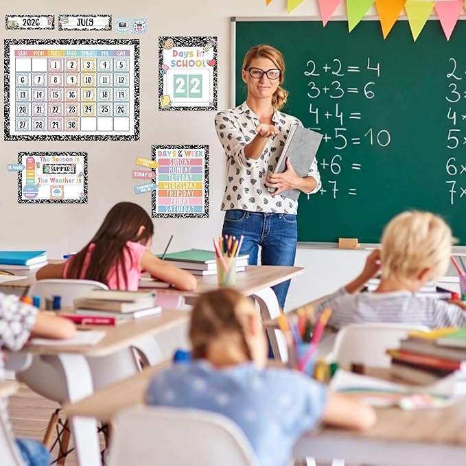 Whaline Composition Notebook Calender Bulletin Board Decorations Composition Classroom Calender Set with Chart Cutouts for Back to School Party Supplies