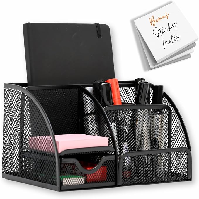 Mesh Desk Organizer - Office Accessories with Sticky Notes, 6 Compartments & Drawer, Pen Holder for Home, School