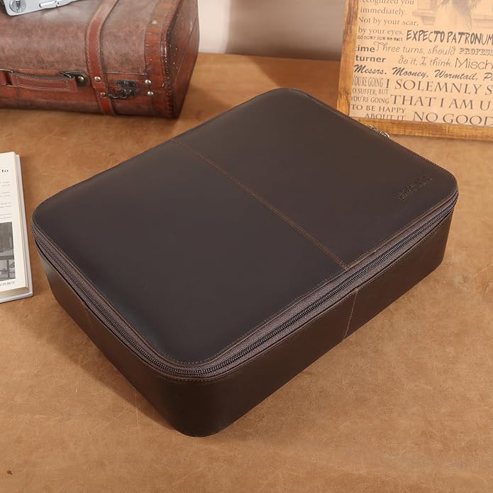Polare Full Grain Leather Document Organizer Bag Storage Cabinet Box Portable Home Business Safe Folder with Lockable YKK Zipper