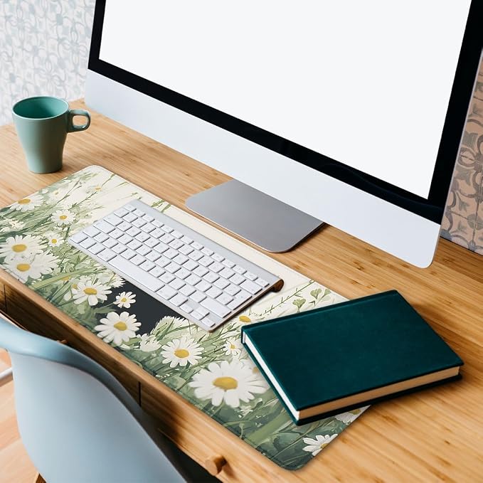 Cute Black Cat Desk Mat Gaming Mouse Pad Watercolor Daisy Kitty Extended Gaming Mousepad Mat with Stitched Edge Non-Slip Base Big Mousepad Office Computer Keyboard Laptop Home 31.5"x11.8"