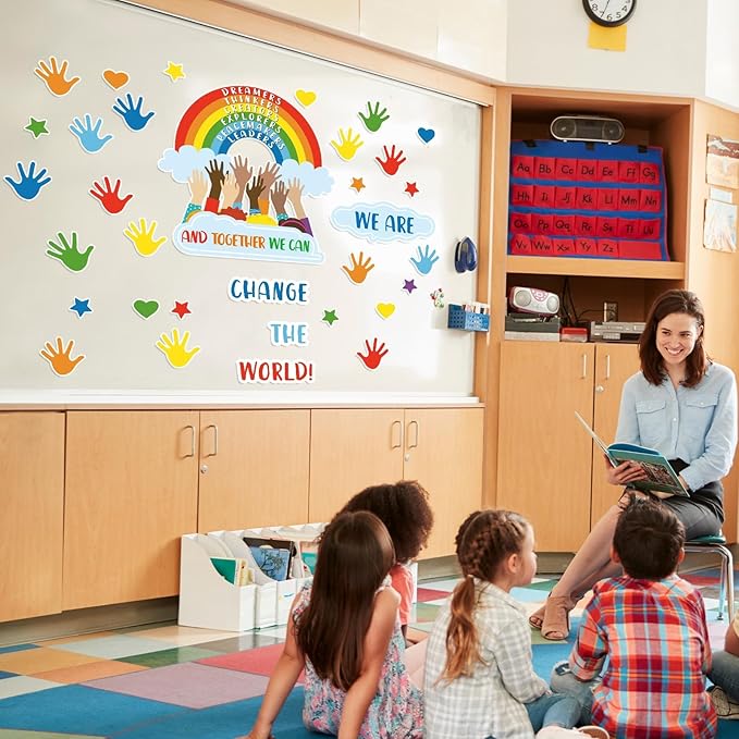 118 Pcs One World Together Classroom Decorations Positive Rainbow Cutouts Motivational Bulletin Board Set Inspirational Classroom Wall Chalkboard Door Decor for Back to School Teacher Supplies