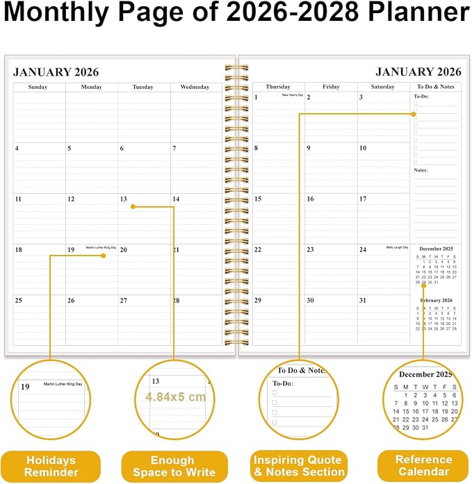 2026-2028 Monthly Planner, 3 Years Calendar from April 2026 - December 2028 with Spiral Binding, Inner Pocket, Elastic Closure, 33 Month Planner for Home | School | Office, 8.5" x 11", Green Gold Leaf