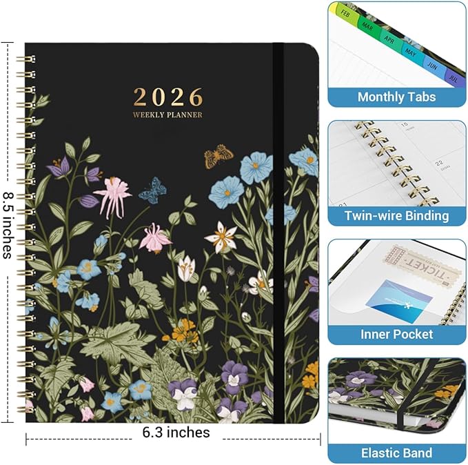 Planner 2026, Weekly & Monthly Calendar Planner, January 2026 - December 2026, Hardcover Agenda Book with Tabs, A5 (6.3" x 8.5"), Daily Organizer Notebook for Student Teacher Office School Supplies, Wild Flowers