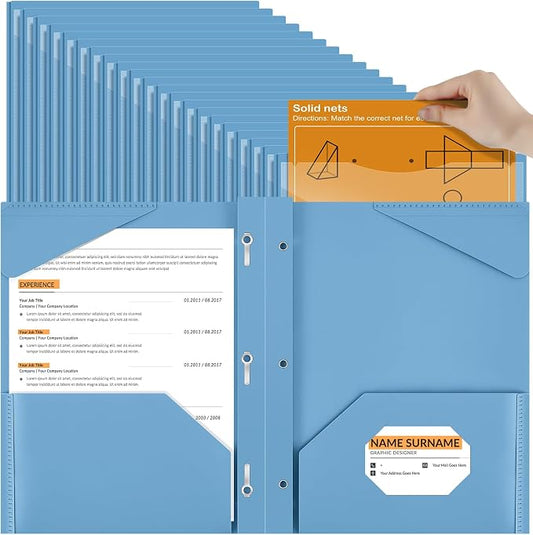 Henoyso 72 Pcs Plastic Folder with Clear Front Pocket and 3 Prong Plastic Folders with Card Slot Pocket Folders with Prongs for School Office (Haze Blue)