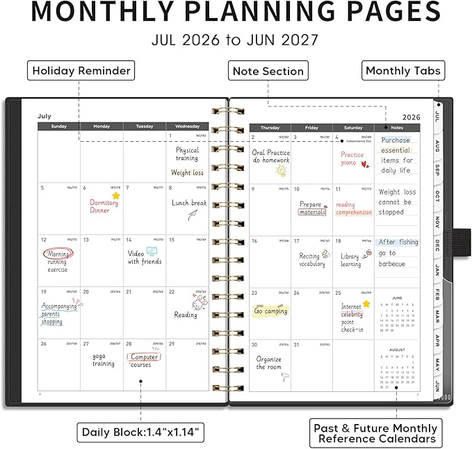AHGXG Academic Planner 2026-2027, July 2026 - June 2027, Weekly and Monthly, 5.7" x 8.3", for Women, Teacher, Student, School, 12-Month Tabs, Flexible Plastic Cover (Black)