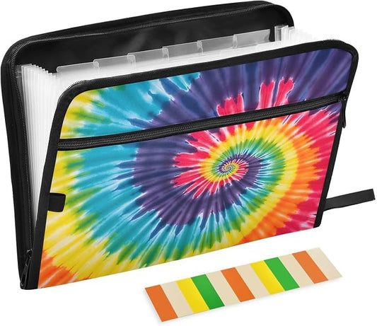 Expanding File Folder Tie Dye Rainbow Swirl Accordion File Organizer 13 Pockets Document Organizer with Zipper Labels A4 Letter Office Storage