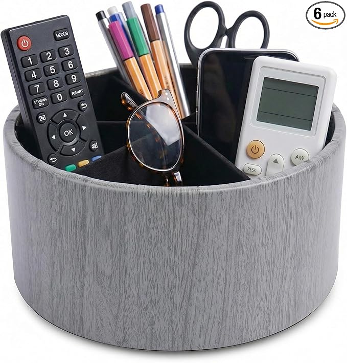 Remote Control Holder, 360°Spinning PU Leather Desk TV Remote Caddy,Desk Storage Box Room Accessories for Controller, Media,Mail,Calculator, Mobile Phone,Pencil(1-Big Thin Grey)