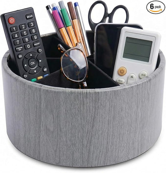 Remote Control Holder, 360°Spinning PU Leather Desk TV Remote Caddy,Desk Storage Box Room Accessories for Controller, Media,Mail,Calculator, Mobile Phone,Pencil(1-Big Thin Grey)