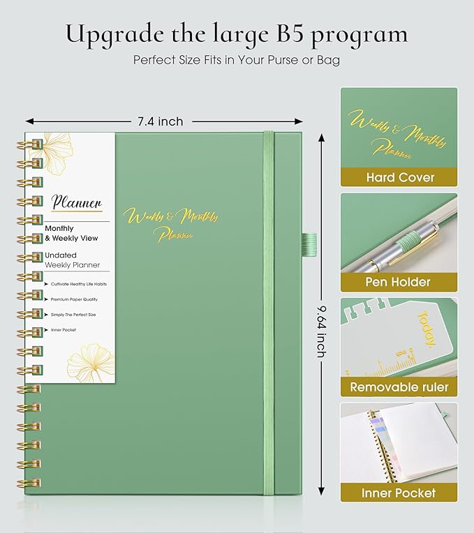 Undated Weekly and Monthly Planner, B5 Large Weekly To Do List Notebook with Goal & Habit Tracker Organizer, Hardcover Spiral Bound Blank Monthly Planner for Work School Home 7.4" x 9.64" Green