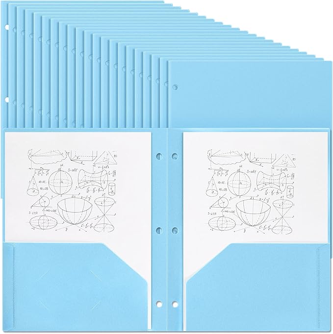 Yeaqee 100 Pcs Plastic Folders with Pockets Bulk 3 Hole Punched 2 Pocket File Folders for 3 Ring Binder Divider Folder for Notebooks, Durable Poly for Office Home (Light Blue)
